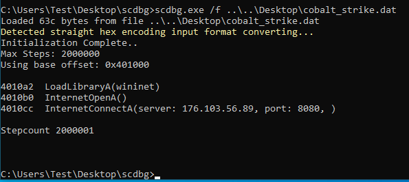 scdbg output from cobalt strike shell code. 