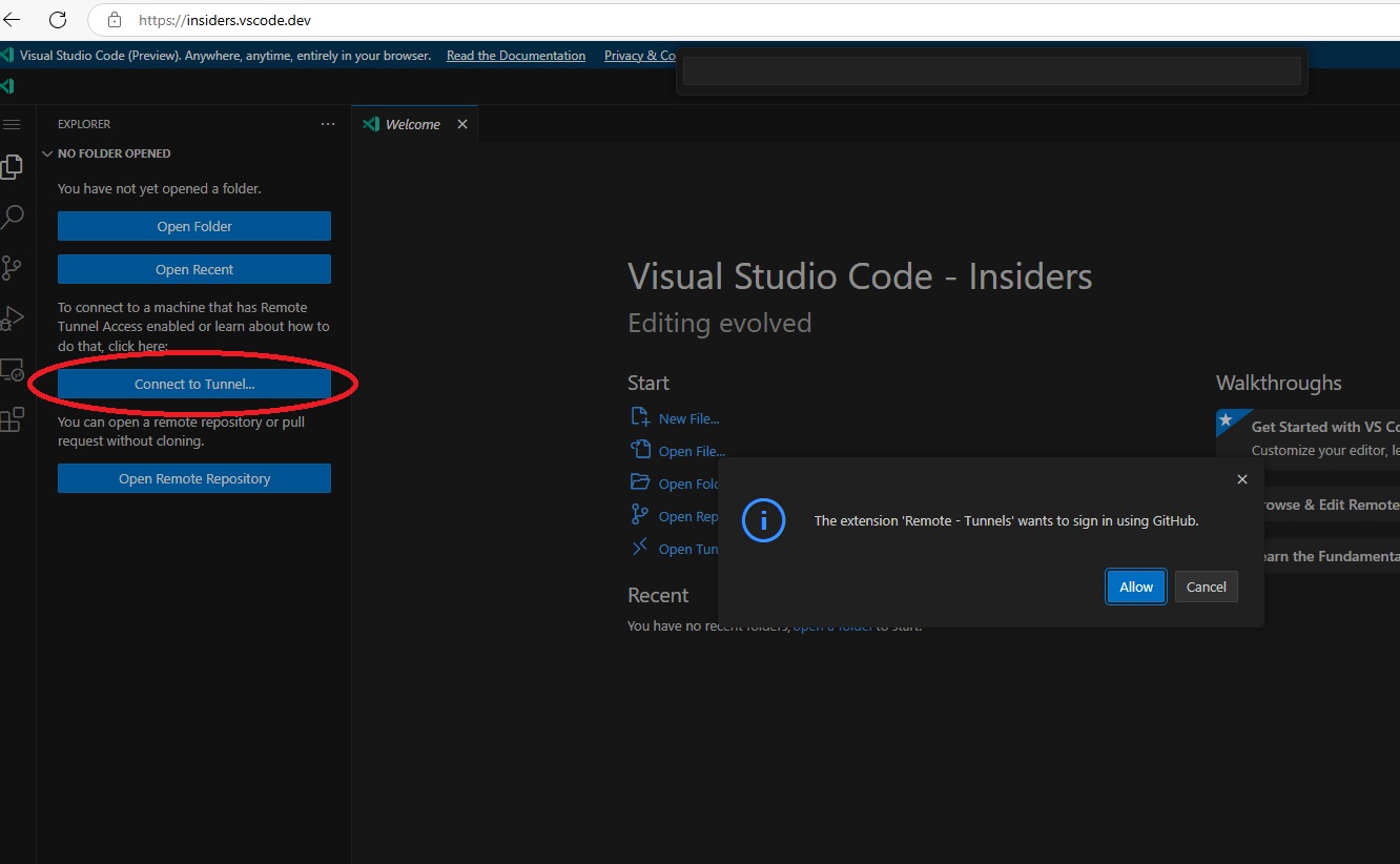 VSCode remote tunnels connection