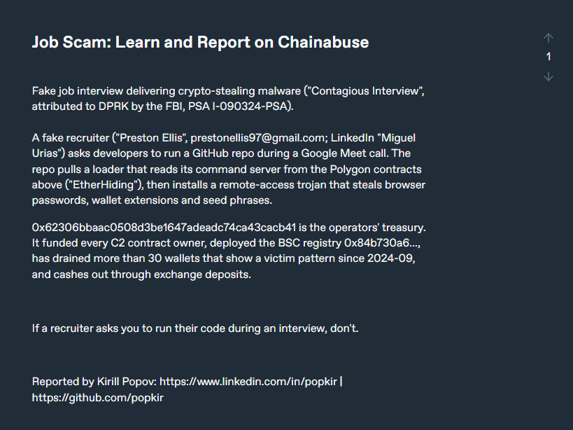 Chainabuse job scam report naming the fake recruiter Preston Ellis and the treasury wallet 0x62306bbaac0508d3be1647adeadc74ca43cacb41